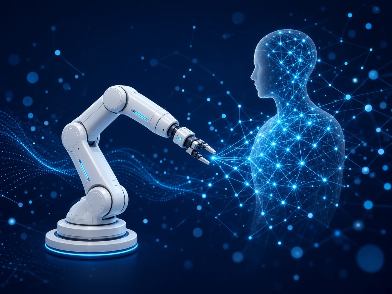 Physical AI 机械臂与数字网络概念图